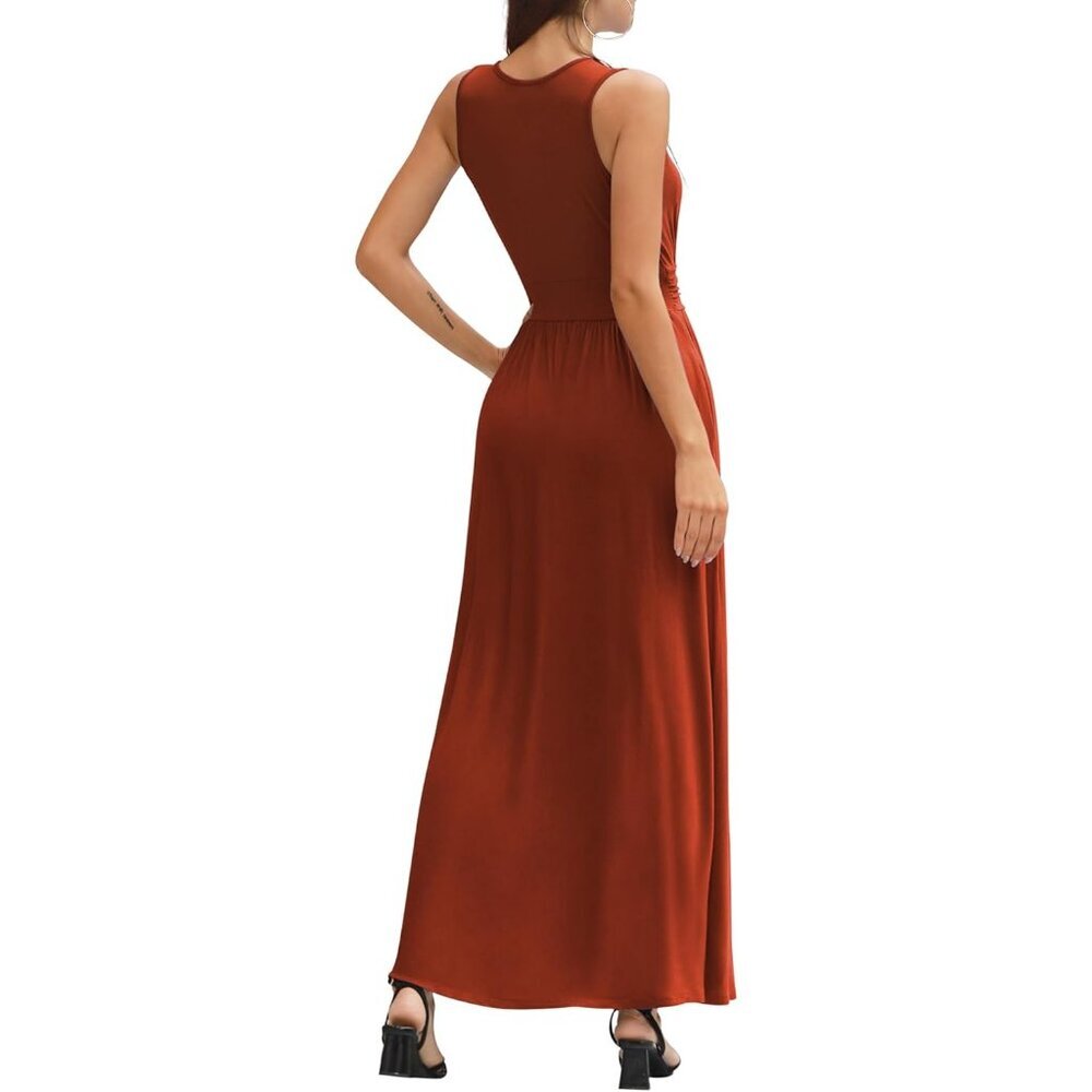Women Caramel Deep V Neck Sleeveless Loose Plain Long Maxi Stretchy Dress - Picture 6 of 7